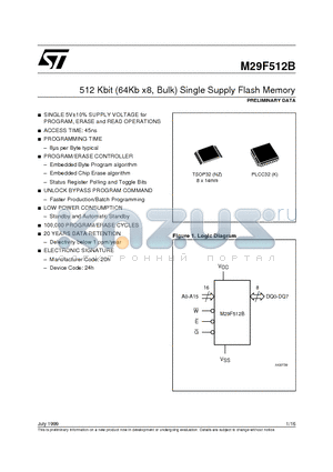 M295V512B45K1T datasheet - 512 Kbit 64Kb x8, Bulk Single Supply Flash Memory