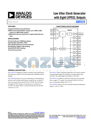 AD9525BCPZ datasheet - Low Jitter Clock Generator with Eight LVPECL Outputs