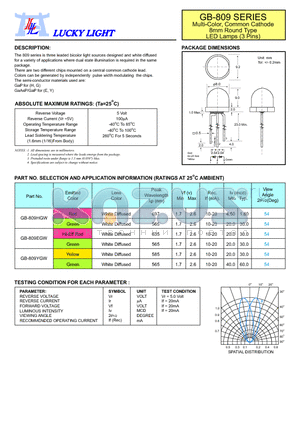 GB-809 datasheet - Multi-Color, Common Cathode 8mm Round Type LED Lamps (3 Pins)