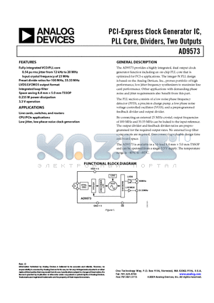 AD9573 datasheet - PCI-Express Clock Generator IC, PLL Core, Dividers, Two Outputs