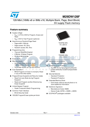 M29DW128F60NF1F datasheet - 128 Mbit (16Mb x8 or 8Mb x16, Multiple Bank, Page, Boot Block) 3V supply Flash memory