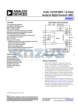 AD9608BCPZRL7-105 datasheet - 10-Bit, 125/105 MSPS, 1.8 V Dual Analog-to-Digital Converter (ADC)