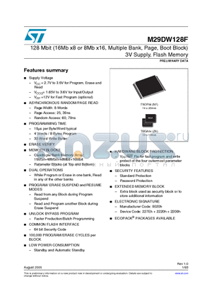 M29DW128F60ZA1T datasheet - 128 Mbit (16Mb x8 or 8Mb x16, Multiple Bank, Page, Boot Block) 3V Supply, Flash Memory