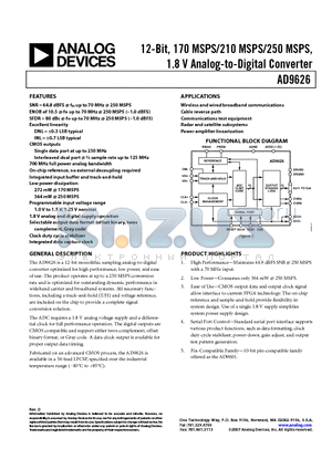 AD9626-250EBZ datasheet - 12-Bit, 170 MSPS/210 MSPS/250 MSPS, 1.8 V Analog-to-Digital Converter