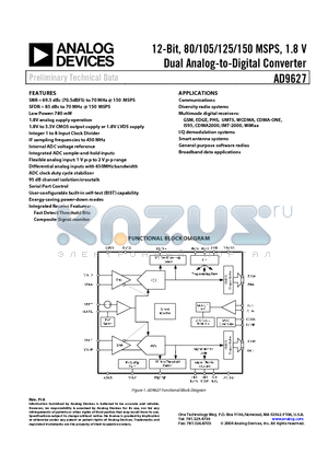 AD9627BCPZ-150 datasheet - 12-Bit, 80/105/125/150 MSPS, 1.8 V Dual Analog-to-Digital Converter