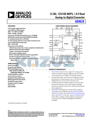 AD9628-125EBZ datasheet - 12-Bit, 125/105 MSPS, 1.8 V Dual Analog-to-Digital Converter