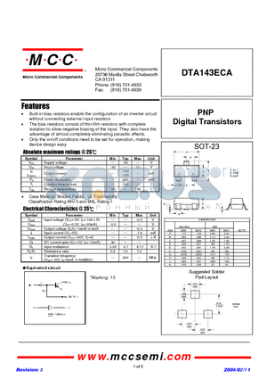 DTA143ECA datasheet - PNP Digital Transistors