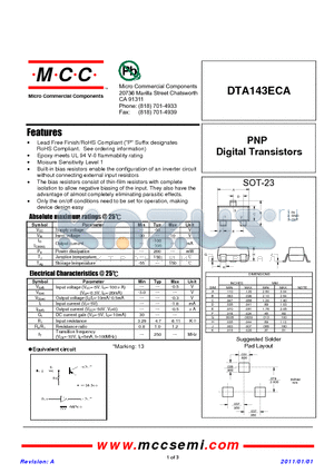 DTA143ECA_11 datasheet - PNP Digital Transistors
