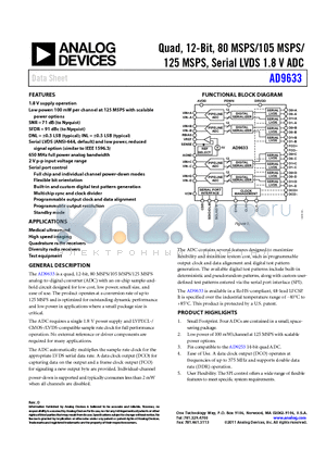 AD9633BCPZ-105 datasheet - Quad, 12-Bit, 80 MSPS/105 MSPS