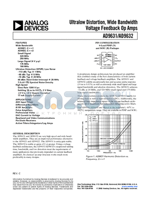 AD9632AN datasheet - Ultralow Distortion, Wide Bandwidth Voltage Feedback Op Amps