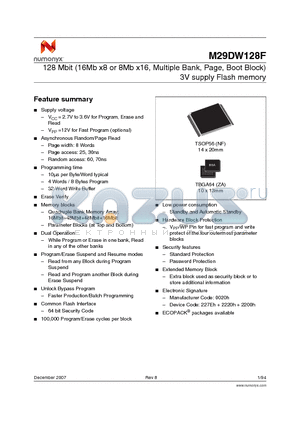 M29DW128F70ZA1E datasheet - 128 Mbit (16Mb x8 or 8Mb x16, Multiple Bank, Page, Boot Block) 3V supply Flash memory