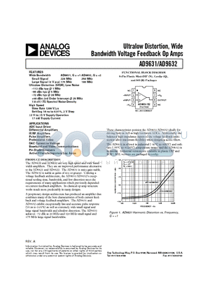 AD9632-EB datasheet - Ultralow Distortion, Wide Bandwidth Voltage Feedback Op Amps