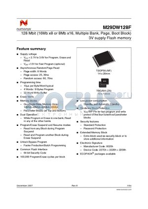 M29DW128F70ZA6T datasheet - 128 Mbit (16Mb x8 or 8Mb x16, Multiple Bank, Page, Boot Block) 3V supply Flash memory