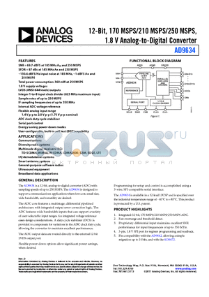 AD9634-250EBZ datasheet - 12-Bit, 170 MSPS/210 MSPS/250 MSPS