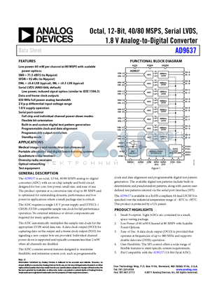 AD9637-80EBZ datasheet - Octal, 12-Bit, 40/80 MSPS, Serial LVDS