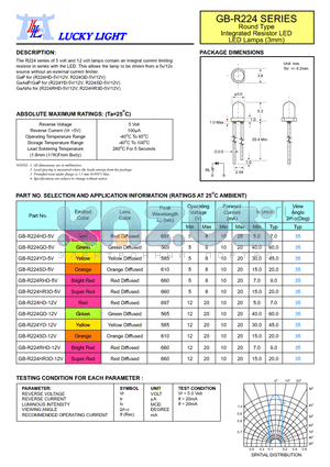 GB-R224YD-12V datasheet - Round Type Integrated Resistor LED LED Lamps (3mm)