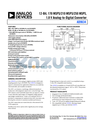 AD9634BCPZ-210 datasheet - 12-Bit, 170 MSPS/210 MSPS/250 MSPS