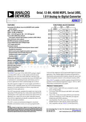 AD9637BCPZ-80 datasheet - Octal, 12-Bit, 40/80 MSPS, Serial LVDS