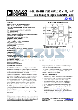 AD9643-250EBZ datasheet - 14-Bit, 170 MSPS/210 MSPS/250 MSPS, 1.8 V Dual Analog-to-Digital Converter (ADC)