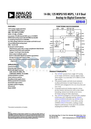 AD9648BCPZ-125 datasheet - 14-Bit, 125 MSPS/105 MSPS, 1.8 V Dual Analog-to-Digital Converter