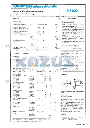 KT922A datasheet - Silizium-HF-Leistungstransistor in Epitaxie-Planar-Technologie