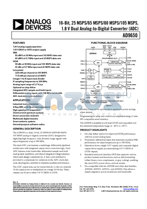 AD9650BCPZ-105 datasheet - 16-Bit, 25 MSPS/65 MSPS/80 MSPS/105 MSPS, 1.8 V Dual Analog-to-Digital Converter (ADC)