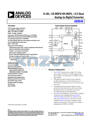 AD9648 datasheet - 14-Bit, 125 MSPS/105 MSPS, 1.8 V Dual Analog-to-Digital Converter