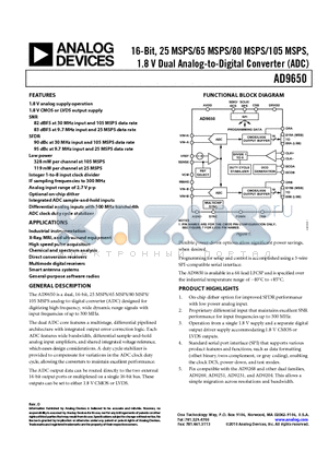 AD9650BCPZRL7-105 datasheet - 16-Bit, 25 MSPS/65 MSPS/80 MSPS/105 MSPS, 1.8 V Dual Analog-to-Digital Converter (ADC)