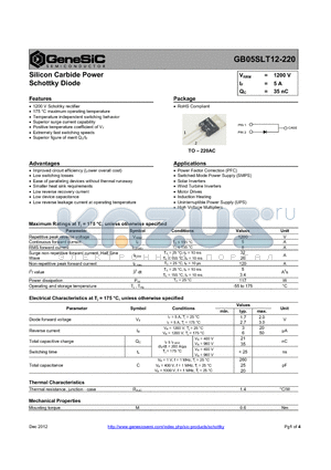 GB05SLT12-220 datasheet - Silicon Carbide Power Schottky Diode