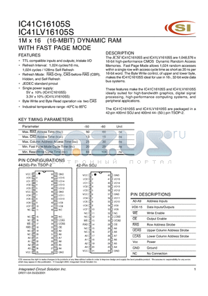 IC41C16105S-50TI datasheet - 1M x 16 (16-MBIT) DYNAMIC RAM WITH FAST PAGE MODE