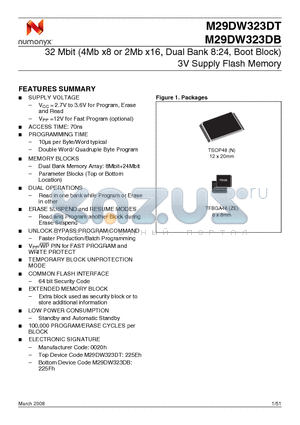 M29DW323DT70N6 datasheet - 32 Mbit (4Mb x8 or 2Mb x16, Dual Bank 8:24, Boot Block) 3V Supply Flash Memory