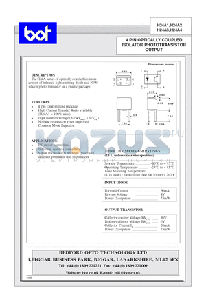 H24A3 datasheet - 4 PIN OPTICALLY COUPLED ISOLATOR PHOTOTRANSISTOR OUTPUT