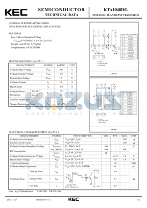 KTA1040D datasheet - EPITAXIAL PLANAR PNP TRANSISTOR (GENERAL PURPOSE, DPAK FOR SVRFACE MOUNT)