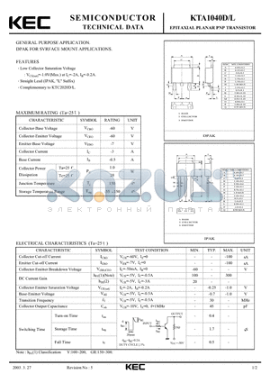 KTA1040L datasheet - EPITAXIAL PLANAR PNP TRANSISTOR (GENERAL PURPOSE, DPAK FOR SVRFACE MOUNT)