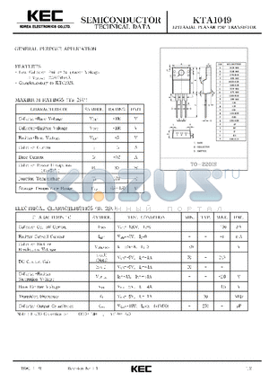 KTA1049 datasheet - EPITAXIAL PLANAR PNP TRANSISTOR (GENERAL PURPOSE)