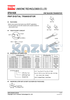 DTA143XG-T92-B datasheet - PNP DIGITAL TRANSISTOR