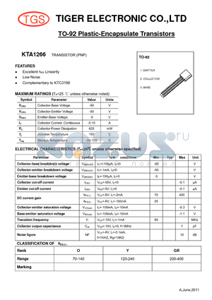 KTA1266 datasheet - TO-92 Plastic-Encapsulate Transistors (PNP)