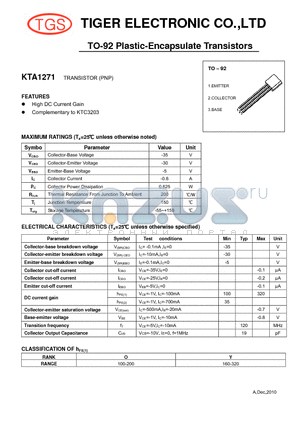 KTA1271 datasheet - TO-92 Plastic-Encapsulate Transistors (PNP)