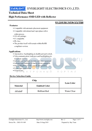 93-21SURC/S530-XX/TR8 datasheet - High Performance SMD LED with Reflector