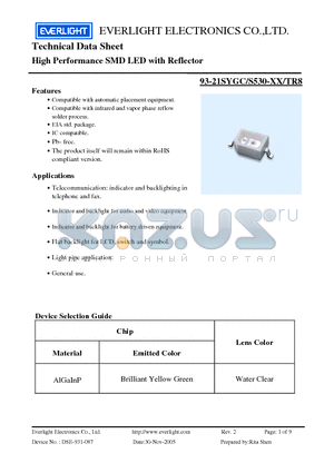 93-21SYGC/S530-XX/TR8 datasheet - High Performance SMD LED with Reflector