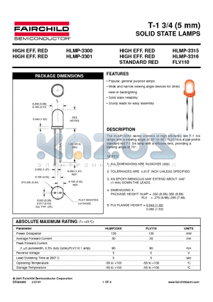 HLMP-3301 datasheet - T-1 3/4 (5 mm) SOLID STATE LAMPS