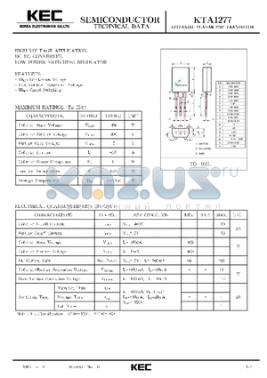 KTA1277 datasheet - EPITAXIAL PLANAR PNP TRANSISTOR (HIGH VOLTAGE, DC-DC CONVERTER, LOW POWER SWITCHING REGULATOR)