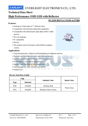 93-22SURSYGC-S530-A3-TR8 datasheet - High Performance SMD LED with Reflector