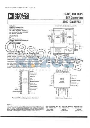 AD9713JN datasheet - 12-BIT, 100MSPS D/A CONVERTERS