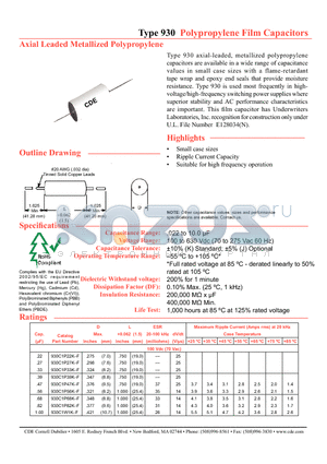 930 datasheet - Polypropylene Film Capacitors Axial Leaded Metallized Polypropylene