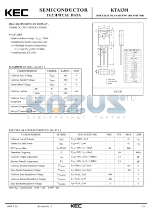 KTA1381 datasheet - EPITAXIAL PLANAR PNP TRANSISTOR (HIGH-DIFFINITION CRT DISPLAY VIDEO OUTPUT)