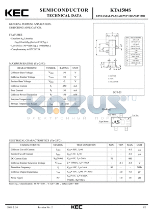KTA1504S datasheet - EPITAXIAL PLANAR PNP TRANSISTOR
