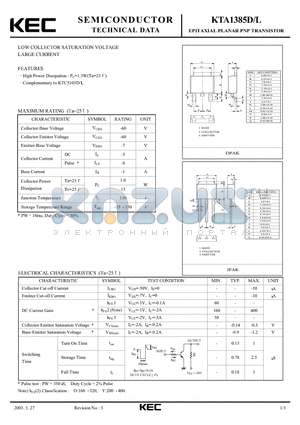 KTA1385D datasheet - EPITAXIAL PLANAR PNP TRANSISTOR (LOW COLLECTOR SATURATION VOLTAGE LARGE CURRENT)