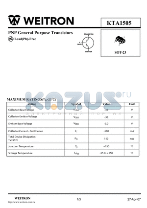 KTA1505 datasheet - PNP General Purpose Transistors