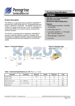 9301-01 datasheet - 3500 MHz Low Power UltraCMOS Divide-by-2 Prescaler Rad-hard for Space Applications